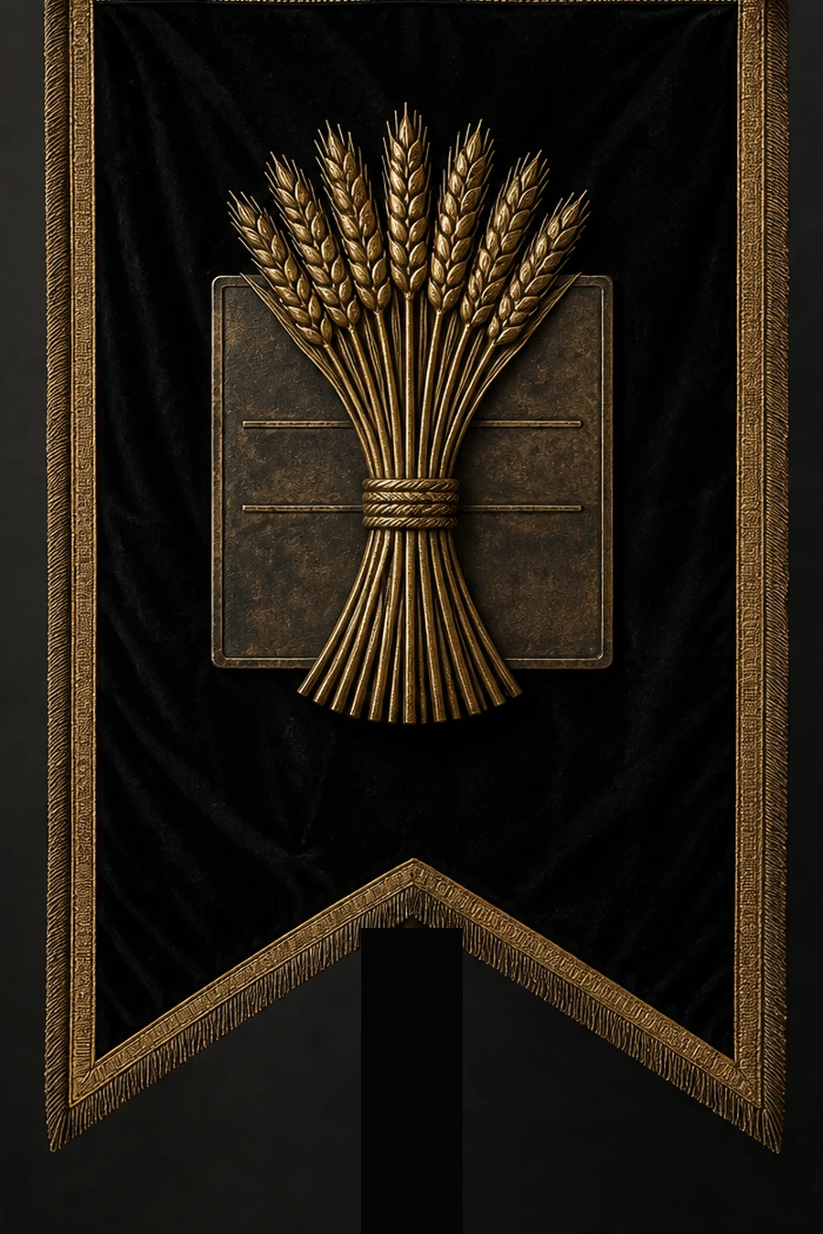 Black-and-gold hanging banner of House Aurelion with grain sheaf and law tablet