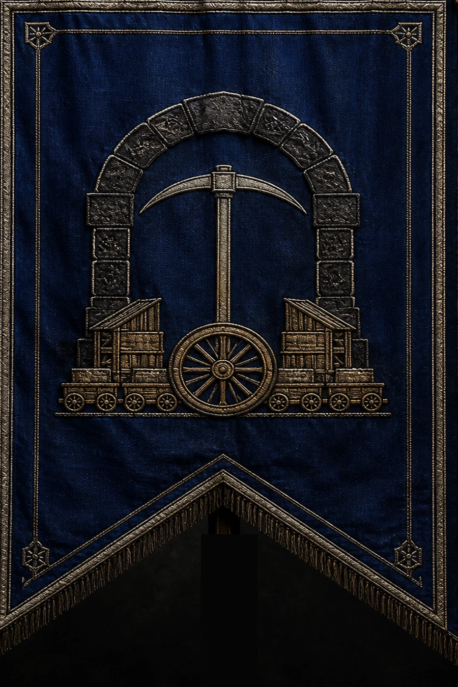 Blue hanging banner of House Caldor with mine arch, pick, warehouses and caravan wheel