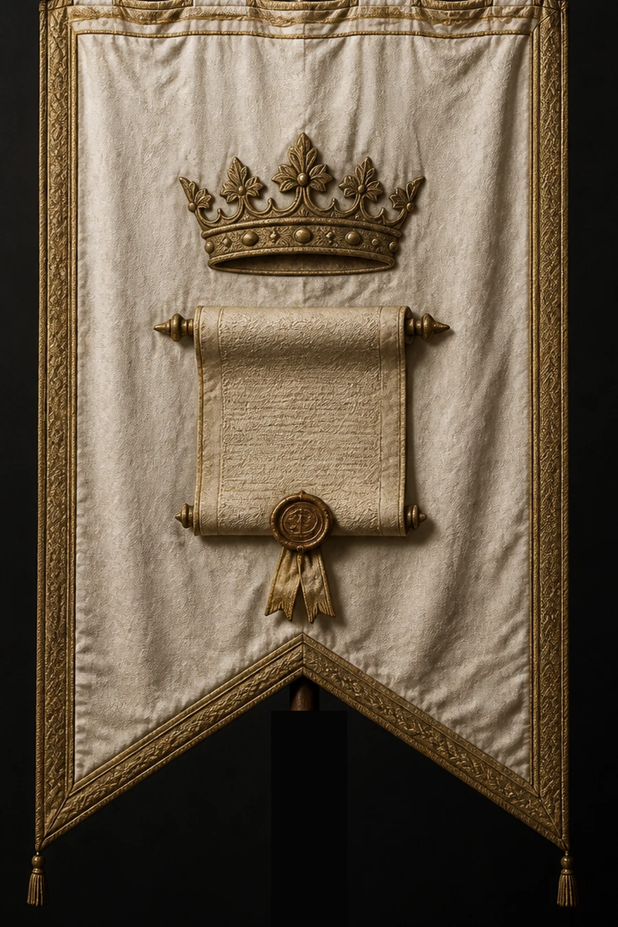 White-and-gold hanging banner of House Valerian with the old crown above sealed royal records