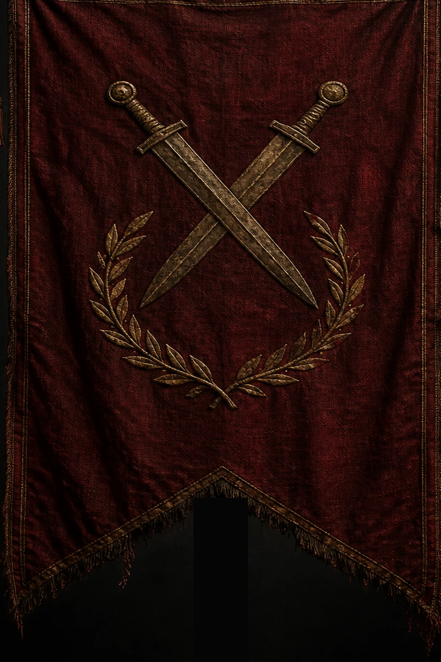 Crimson hanging banner of House Varro with crossed military blades and a worn laurel